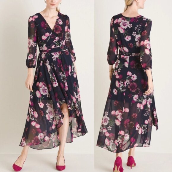 ELIZA J NWT Navy Pink Floral Print Wrap Long Sleeve Maxi Midi High-Low Dress - Picture 1 of 15